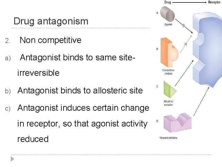 Drug antagonism 2. Non competitive a) Antagonist binds to same siteirreversible b) Antagonist binds