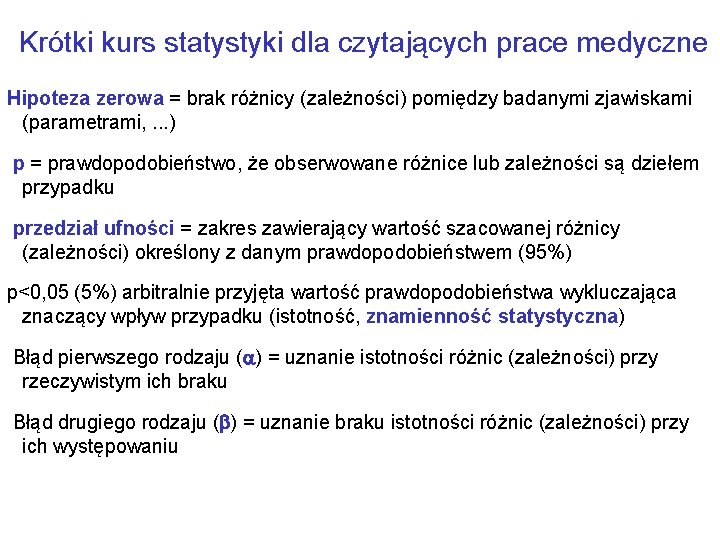 Krótki kurs statystyki dla czytających prace medyczne Hipoteza zerowa = brak różnicy (zależności) pomiędzy