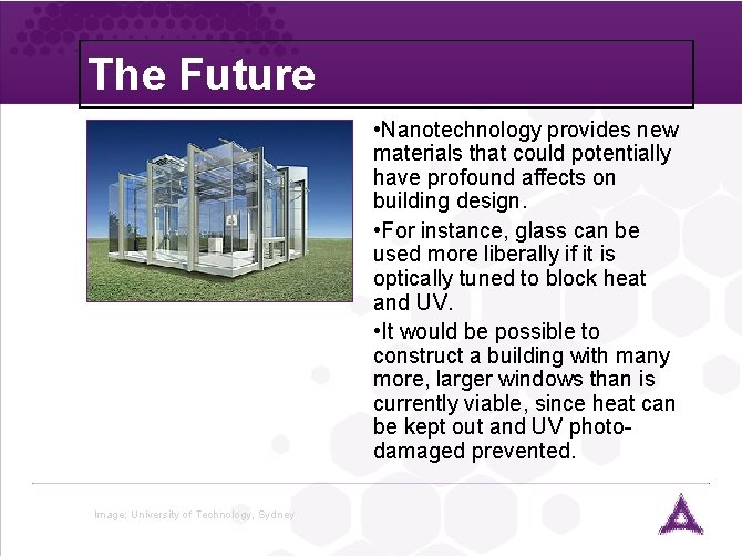 The Future • Nanotechnology provides new materials that could potentially have profound affects on