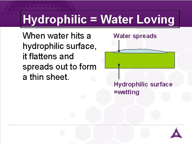 Hydrophilic = Water Loving When water hits a hydrophilic surface, it flattens and spreads