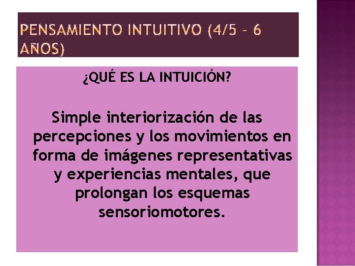 ¿QUÉ ES LA INTUICIÓN? Simple interiorización de las percepciones y los movimientos en forma