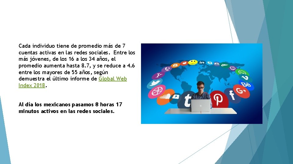 Cada individuo tiene de promedio más de 7 cuentas activas en las redes sociales.