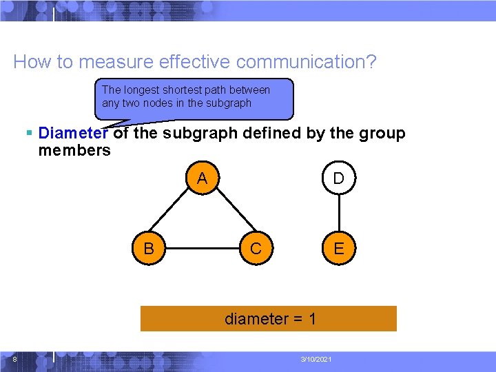 How to measure effective communication? The longest shortest path between any two nodes in