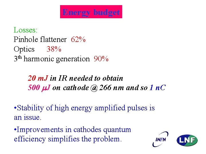 Energy budget Losses: Pinhole flattener 62% Optics 38% 3 th harmonic generation 90% 20