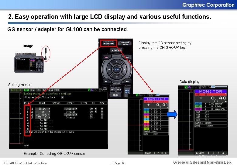 2. Easy operation with large LCD display and various useful functions. GS sensor /