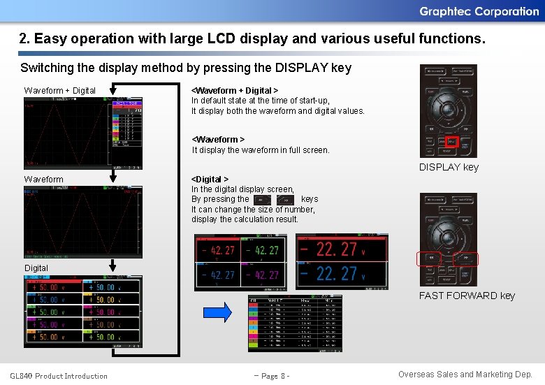 2. Easy operation with large LCD display and various useful functions. Switching the display