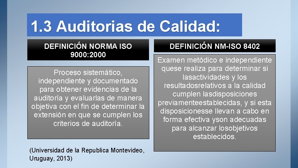1. 3 Auditorias de Calidad: DEFINICIÓN NORMA ISO 9000: 2000 Proceso sistemático, independiente y