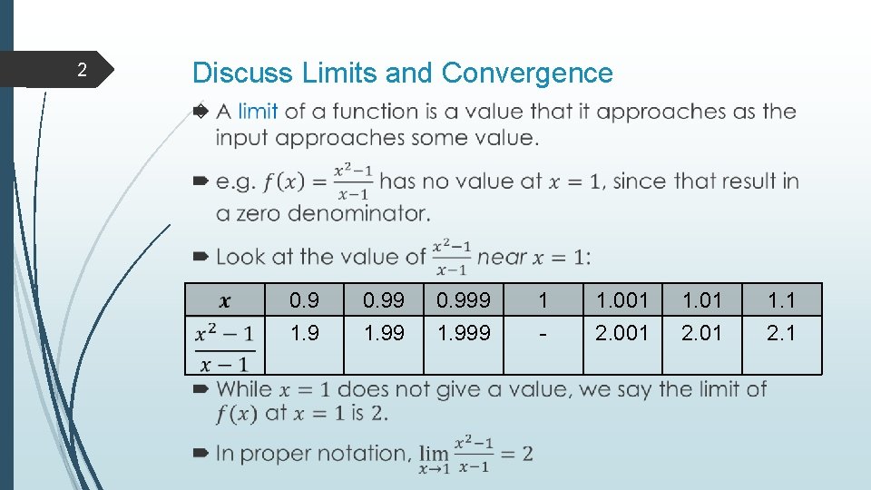 2 Discuss Limits and Convergence 0. 9 1. 9 0. 99 1. 99 0.