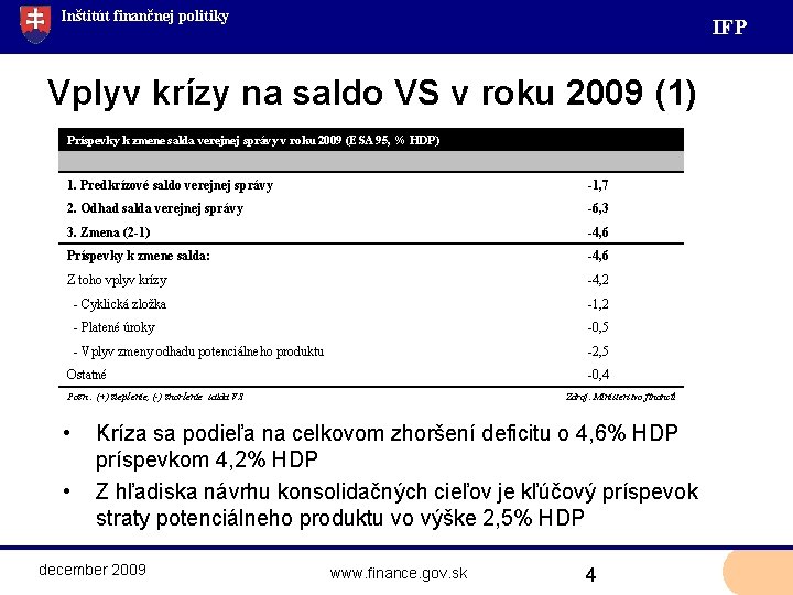 Inštitút finančnej politiky IF P Vplyv krízy na saldo VS v roku 2009 (1)