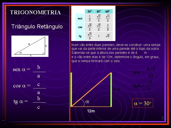 TRIGONOMETRIA Triângulo Retângulo Num vão entre duas paredes, deve-se construir uma rampa que vai TRIGONOMETRIA Triângulo Retângulo Num vão entre duas paredes, deve-se construir uma rampa que vai