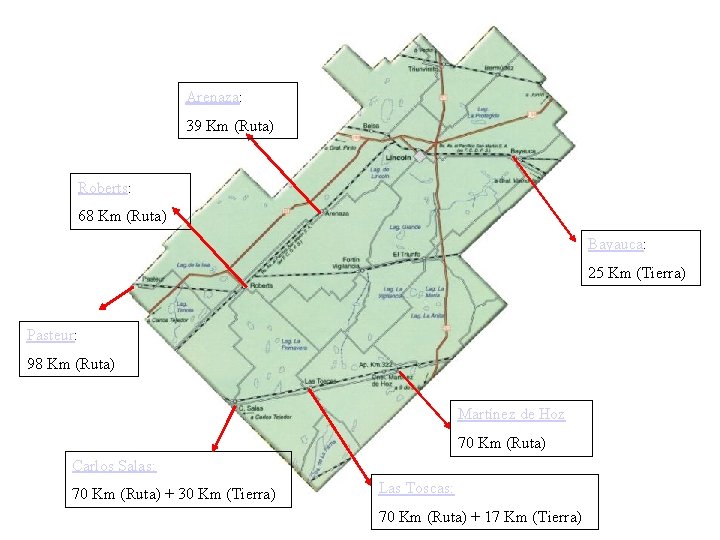 Arenaza: 39 Km (Ruta) Roberts: 68 Km (Ruta) Bayauca: 25 Km (Tierra) Pasteur: 98