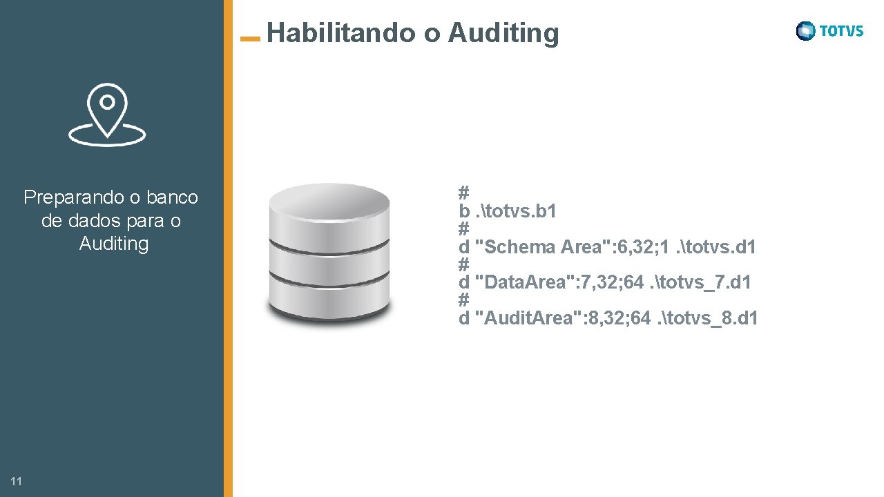 Habilitando o Auditing Preparando o banco de dados para o Auditing 11 # b.