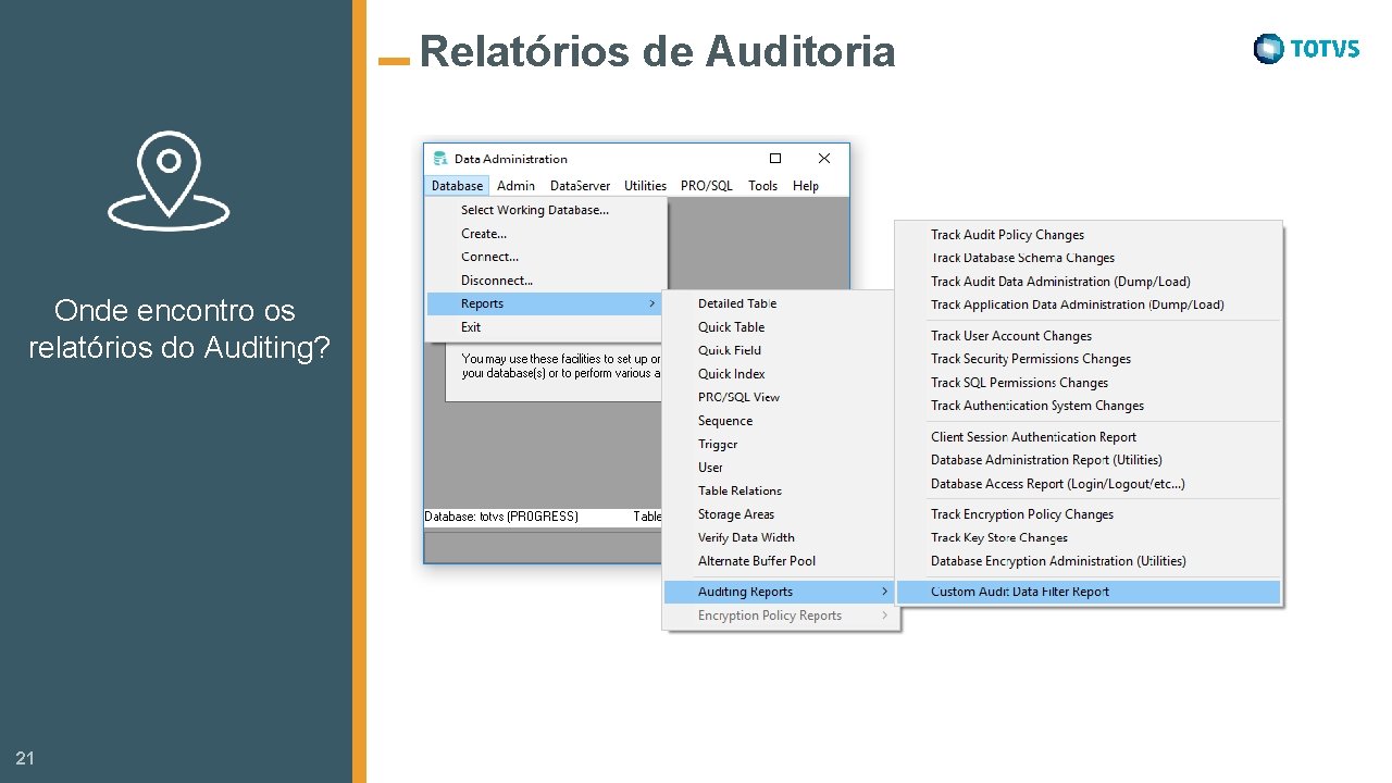 Relatórios de Auditoria Onde encontro os relatórios do Auditing? 21 