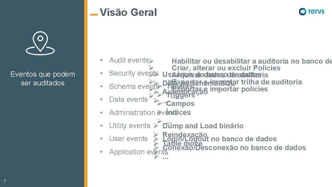 Visão Geral Eventos que podem ser auditados • Audit eventsØ Habilitar ou desabilitar a