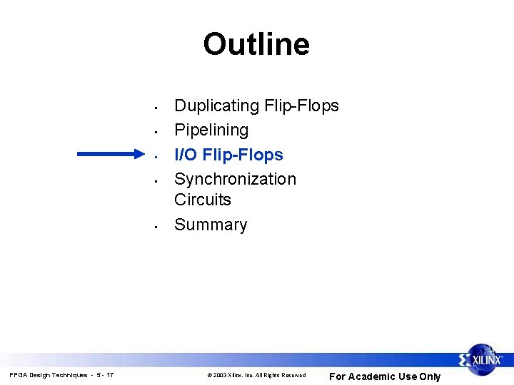 Outline • • • FPGA Design Techniques - 5 - 17 Duplicating Flip-Flops Pipelining Outline • • • FPGA Design Techniques - 5 - 17 Duplicating Flip-Flops Pipelining