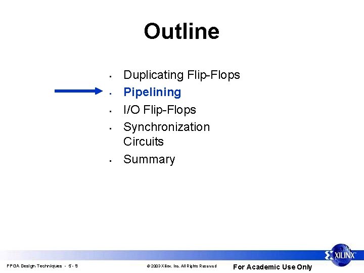 Outline • • • FPGA Design Techniques - 5 - 9 Duplicating Flip-Flops Pipelining Outline • • • FPGA Design Techniques - 5 - 9 Duplicating Flip-Flops Pipelining