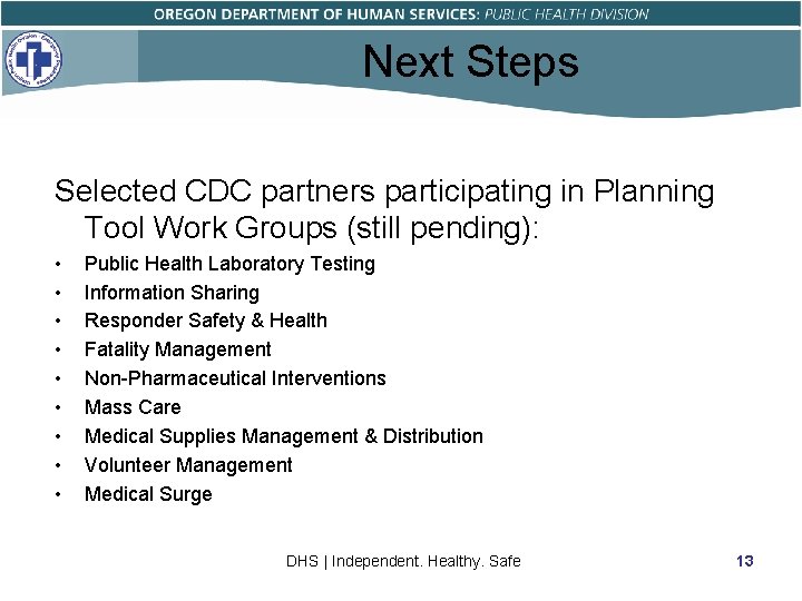 Next Steps Selected CDC partners participating in Planning Tool Work Groups (still pending): •