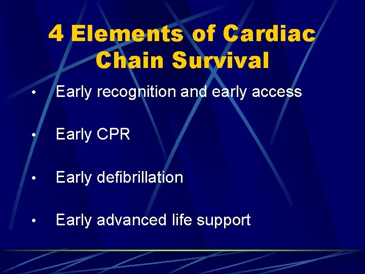 4 Elements of Cardiac Chain Survival • Early recognition and early access • Early