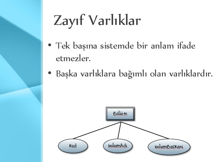 Zayıf Varlıklar • Tek başına sistemde bir anlam ifade etmezler. • Başka varlıklara bağımlı