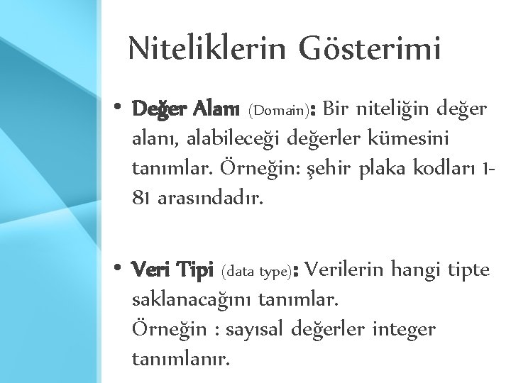 Niteliklerin Gösterimi • Değer Alanı (Domain): Bir niteliğin değer alanı, alabileceği değerler kümesini tanımlar.