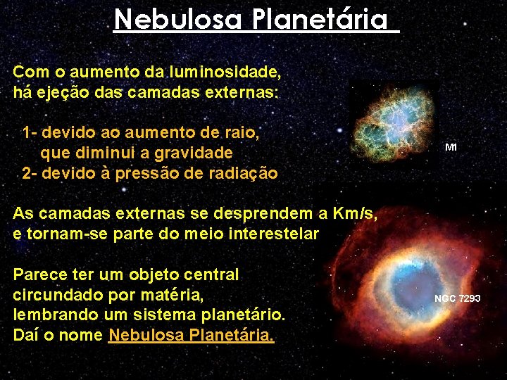 Nebulosa Planetária Com o aumento da luminosidade, há ejeção das camadas externas: 1 -
