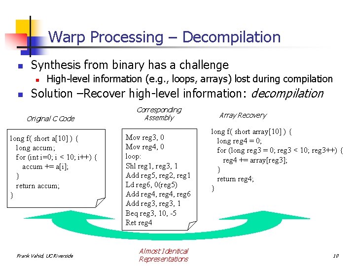 Warp Processing – Decompilation n Synthesis from binary has a challenge n n High-level