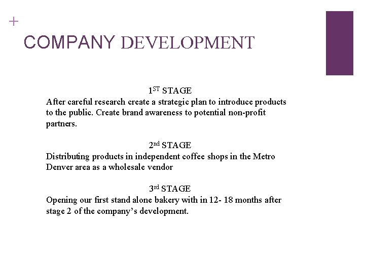 + COMPANY DEVELOPMENT 1 ST STAGE After careful research create a strategic plan to + COMPANY DEVELOPMENT 1 ST STAGE After careful research create a strategic plan to