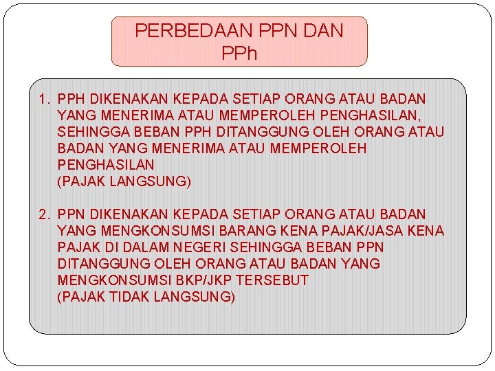 PERBEDAAN PPN DAN PPh 1. PPH DIKENAKAN KEPADA SETIAP ORANG ATAU BADAN YANG MENERIMA