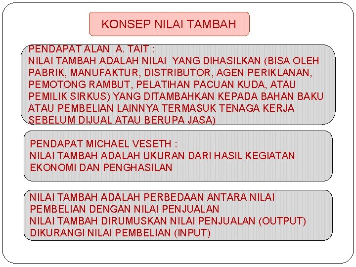 KONSEP NILAI TAMBAH PENDAPAT ALAN A. TAIT : NILAI TAMBAH ADALAH NILAI YANG DIHASILKAN