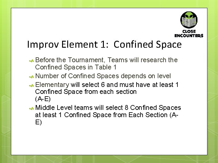 Improv Element 1: Confined Space Before the Tournament, Teams will research the Confined Spaces