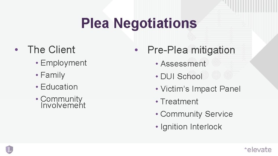 Plea Negotiations • The Client • Employment • Family • Education • Community Involvement