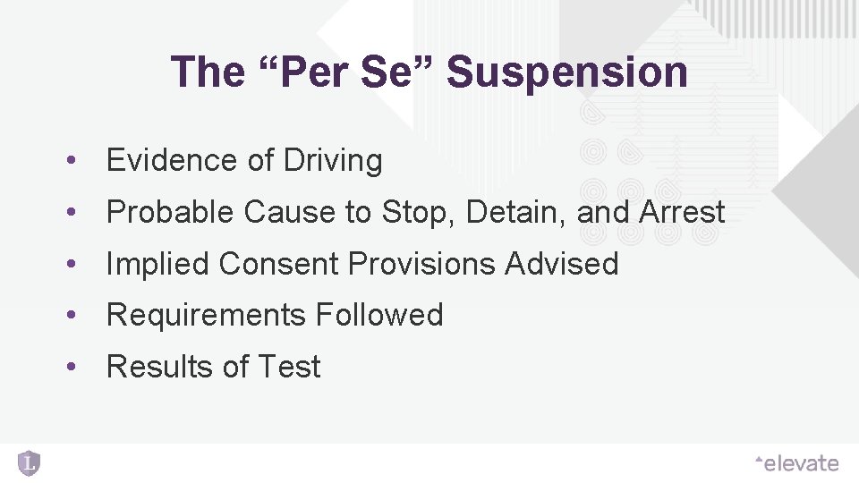 The “Per Se” Suspension • Evidence of Driving • Probable Cause to Stop, Detain,