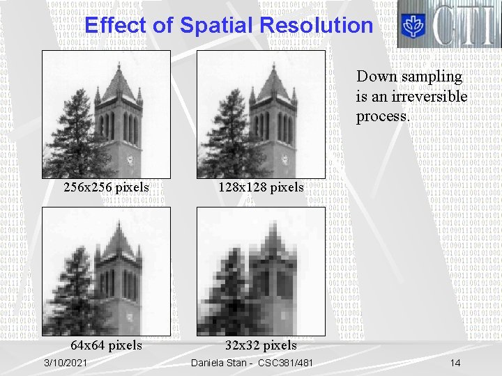 Effect of Spatial Resolution Down sampling is an irreversible process. 256 x 256 pixels