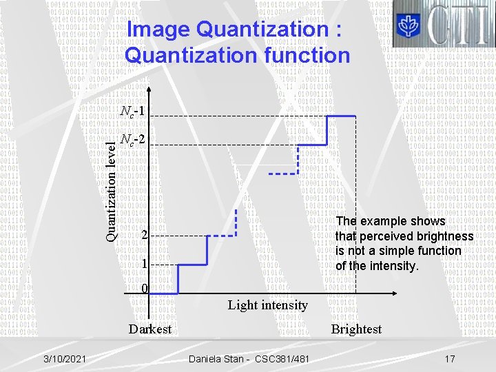 Image Quantization : Quantization function Quantization level Nc-1 Nc-2 The example shows that perceived