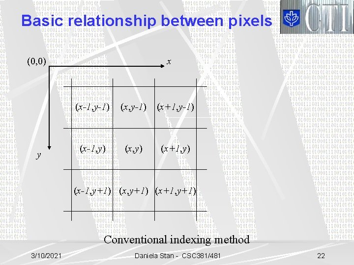 Basic relationship between pixels (0, 0) y x (x-1, y-1) (x+1, y-1) (x-1, y)