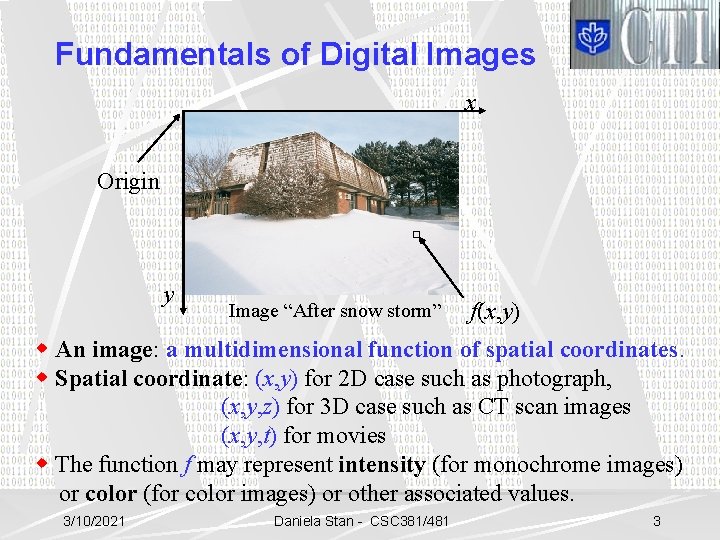 Fundamentals of Digital Images x Origin y Image “After snow storm” f(x, y) w