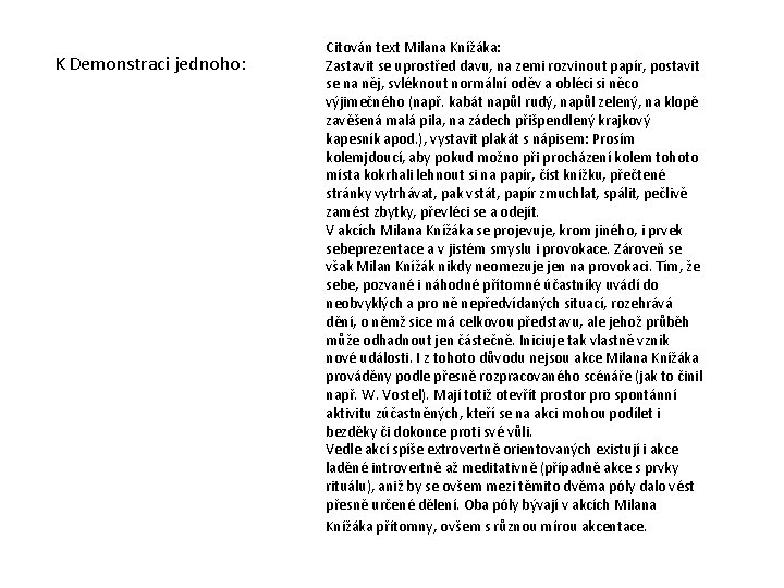 K Demonstraci jednoho: Citován text Milana Knížáka: Zastavit se uprostřed davu, na zemi rozvinout
