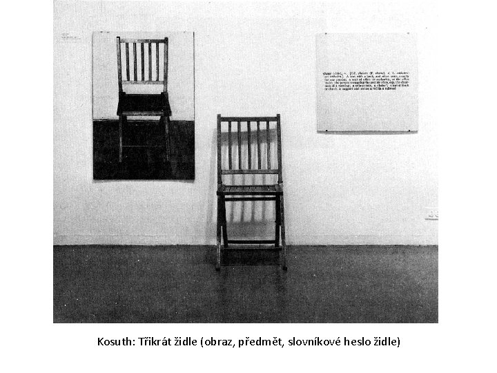 Kosuth: Třikrát židle (obraz, předmět, slovníkové heslo židle) 
