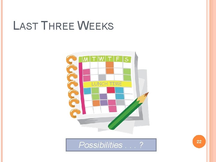 LAST THREE WEEKS Possibilities. . . ? 22 