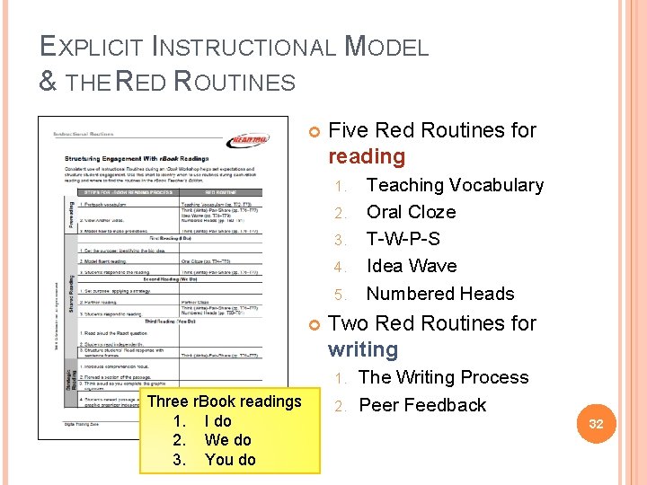 EXPLICIT INSTRUCTIONAL MODEL & THE RED ROUTINES Five Red Routines for reading 1. 2.