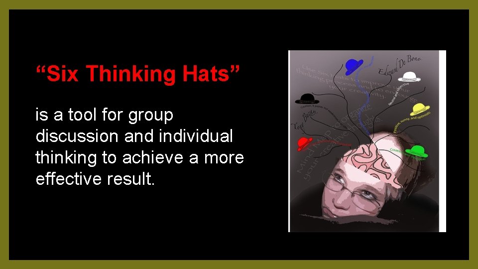 “Six Thinking Hats” is a tool for group discussion and individual thinking to achieve