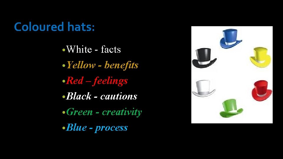 Coloured hats: • White - facts • Yellow - benefits • Red – feelings