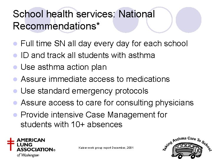 School health services: National Recommendations* l l l l Full time SN all day