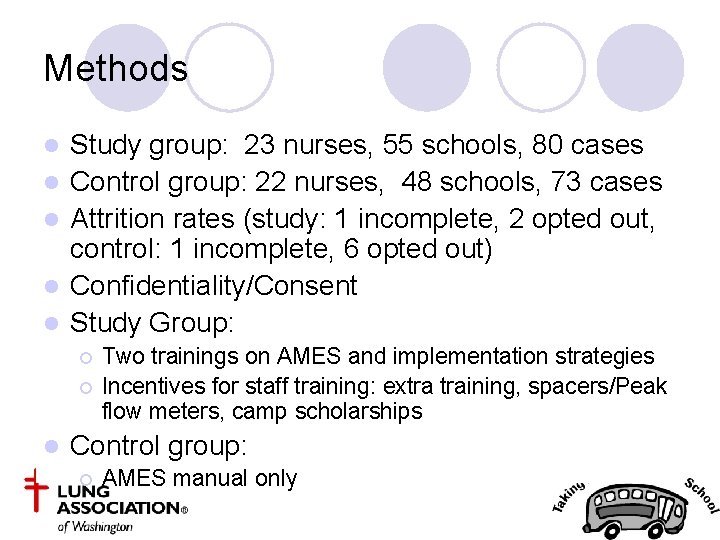 Methods l l l Study group: 23 nurses, 55 schools, 80 cases Control group: