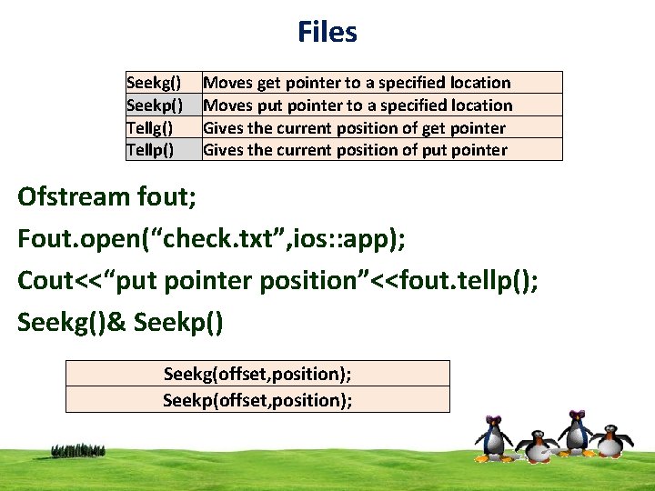 Files Seekg() Seekp() Tellg() Tellp() Moves get pointer to a specified location Moves put