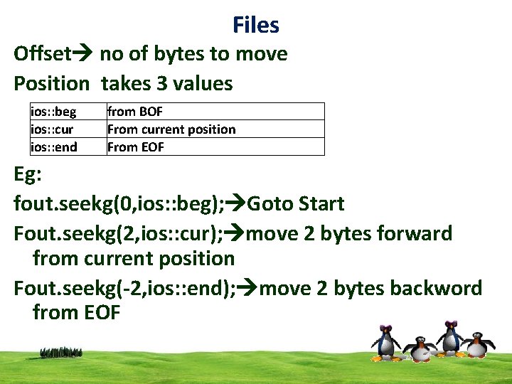 Files Offset no of bytes to move Position takes 3 values ios: : beg