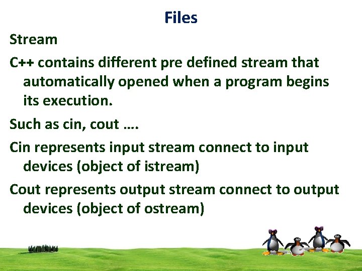 Files Stream C++ contains different pre defined stream that automatically opened when a program