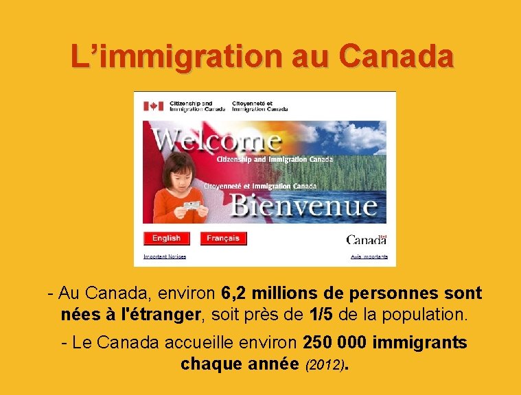 L’immigration au Canada - Au Canada, environ 6, 2 millions de personnes sont nées