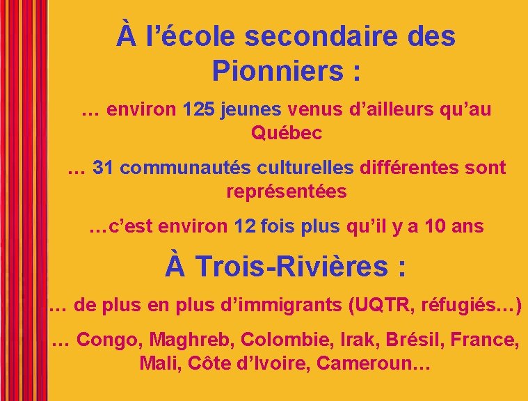 À l’école secondaire des Pionniers : … environ 125 jeunes venus d’ailleurs qu’au Québec