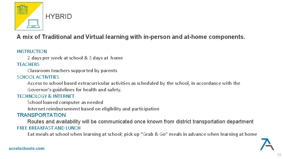 HYBRID A mix of Traditional and Virtual learning with in-person and at-home components. INSTRUCTION